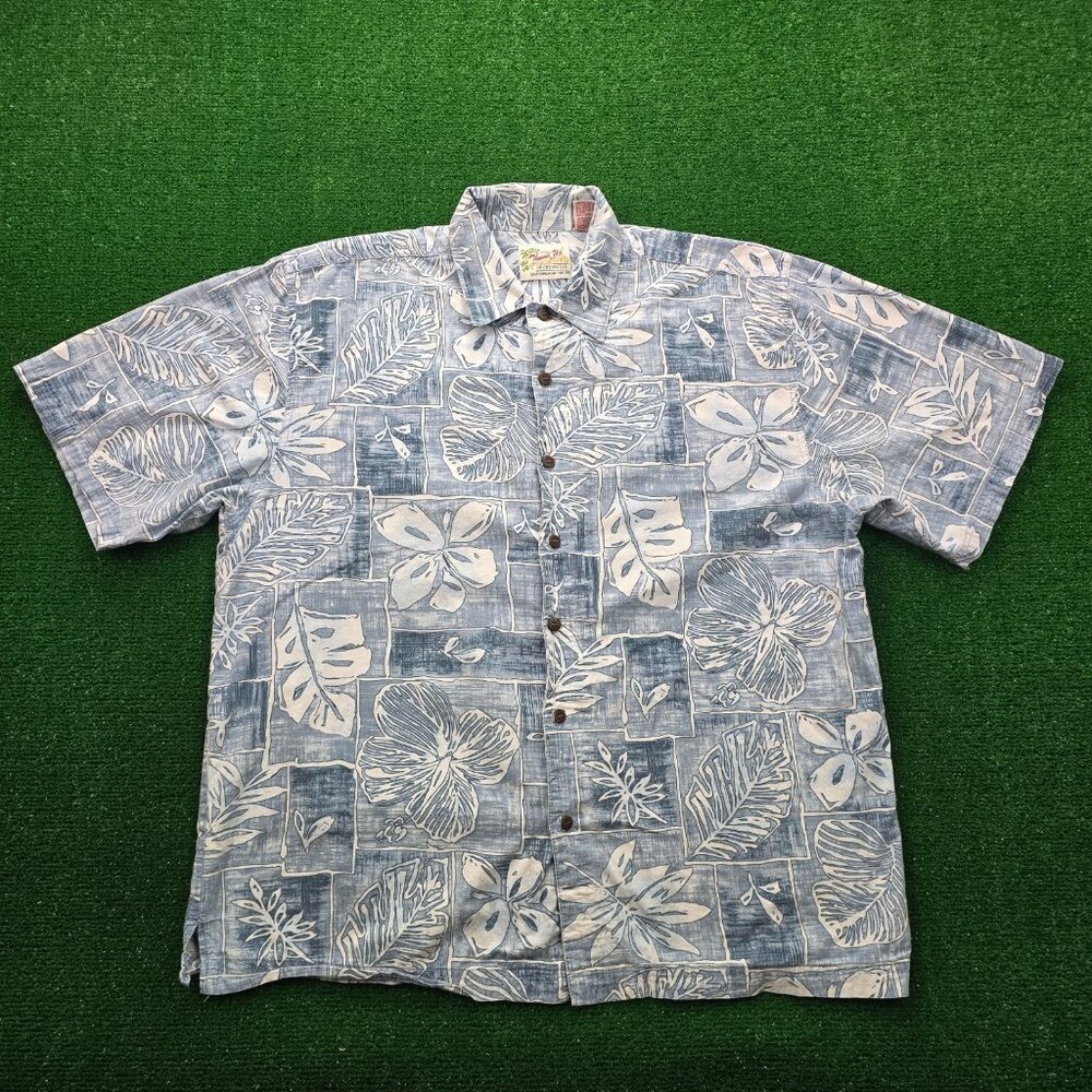 Thums Up Hawaiian Shirt Mens XL Blue Button Up Vintage 90s Beach Tropical Floral